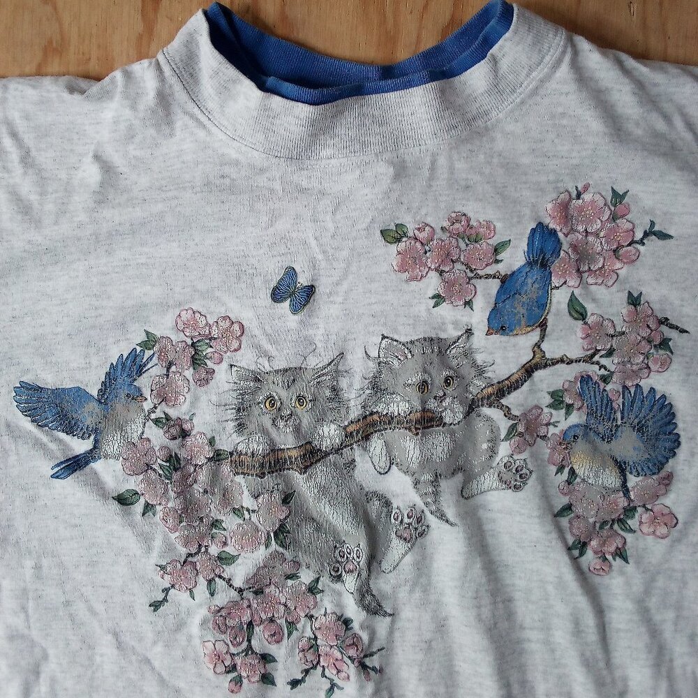 Vintage Day Break Kittens Cats Birds Double Sleeve T-Shirt